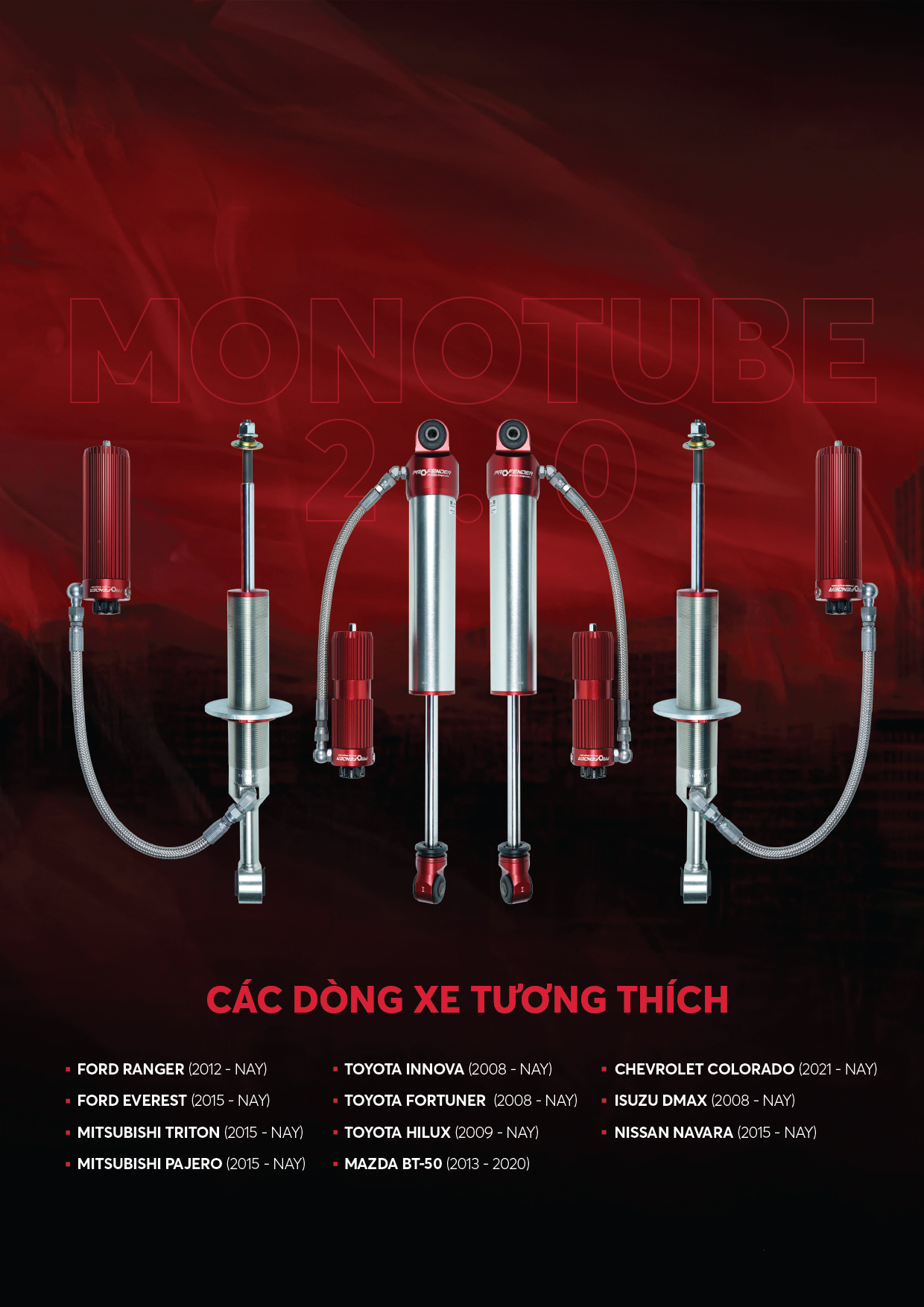 Các dòng xe tương thích với phuộc giảm xóc Profender P.A.G điều chỉnh 4 chế độ: